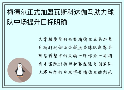 梅德尔正式加盟瓦斯科达伽马助力球队中场提升目标明确 梅德尔正式加盟瓦斯科达伽马助力球队中场提升目标明确