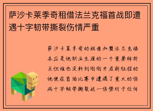 萨沙卡莱季奇租借法兰克福首战即遭遇十字韧带撕裂伤情严重
